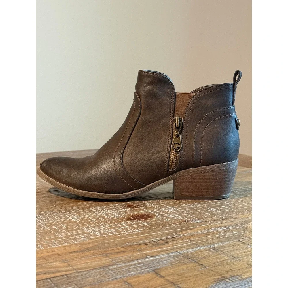 Guess Women's Brown Leather Side Zip Ankle Boots 7 Bootie‎ Block Heel Casual
